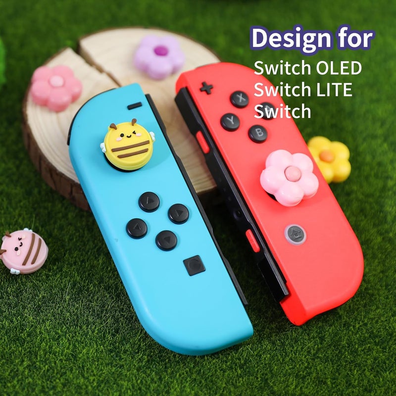 FlyingMage Switch Joycon Thumb Grips Caps, 4 PCS Cute Kawaii 3D Silicone Analog Thumbstick Button Cover Compatible with Nintendo Switch Lite/OLED Joystick Caps (Multicolor Bee&Flower) - Image 2